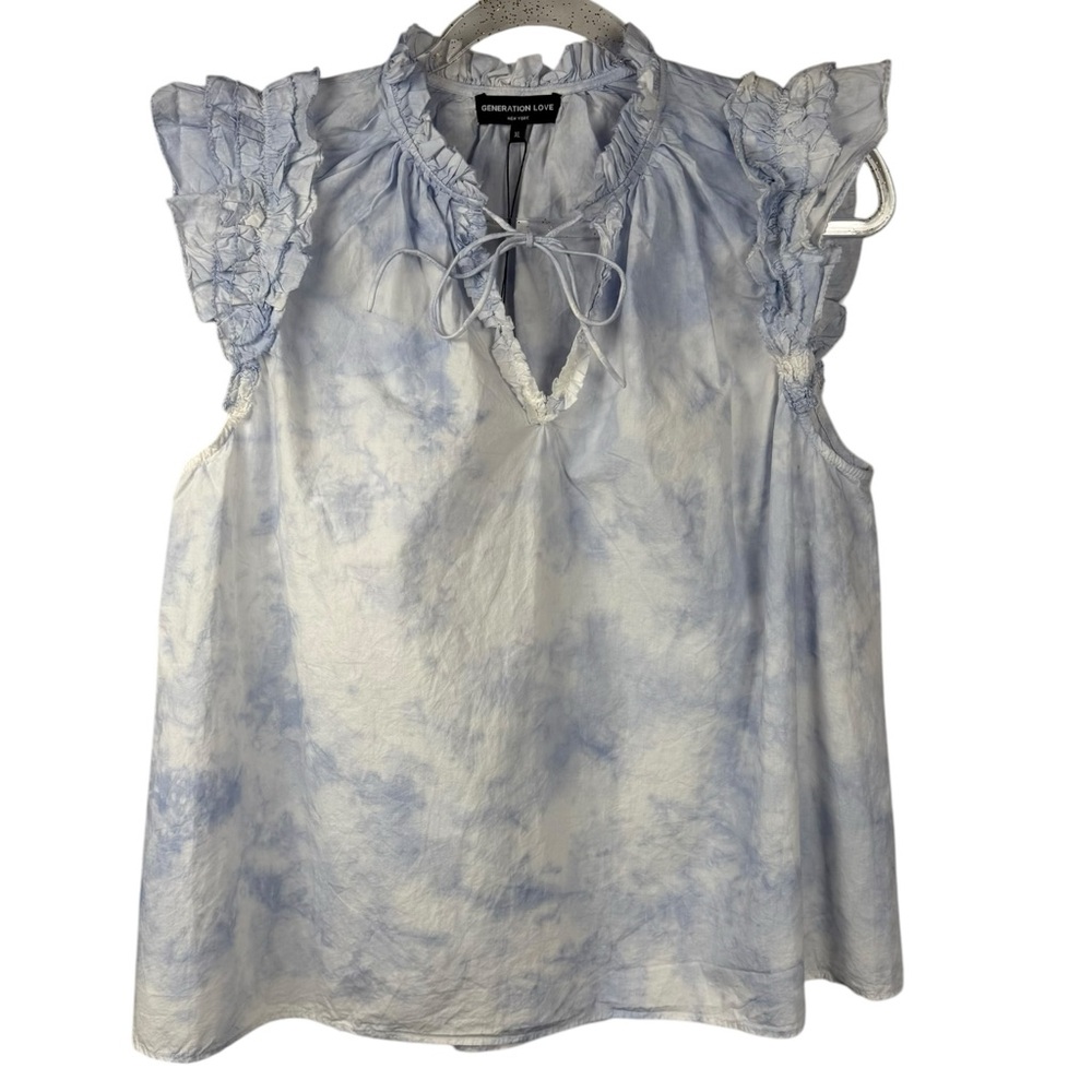 NWT Generation Love GIA Light Blue & White Tie-Dye Sleeveless Blouse Ruffles XL